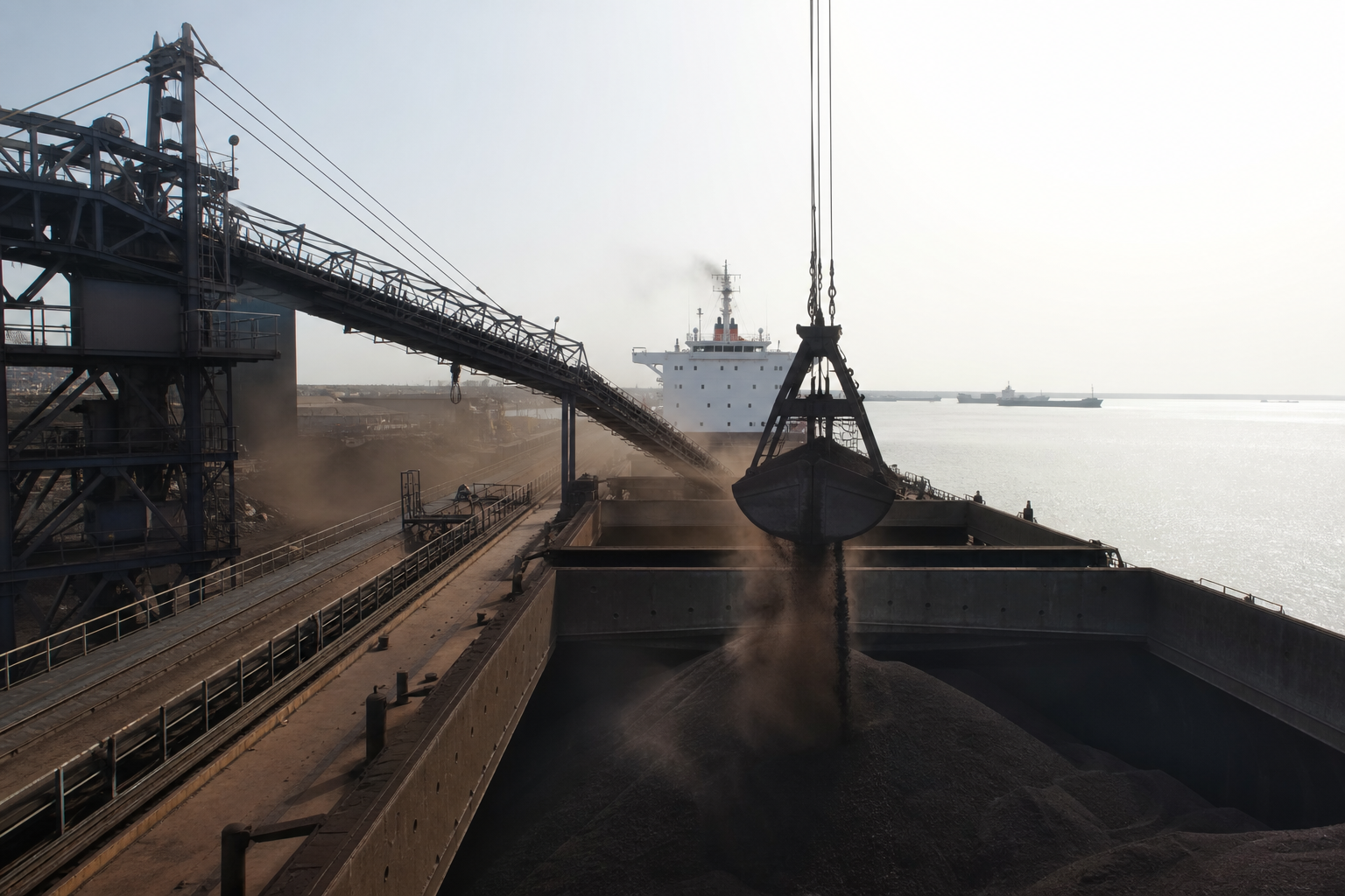 Dry bulk cargo being loaded into a vessel hold