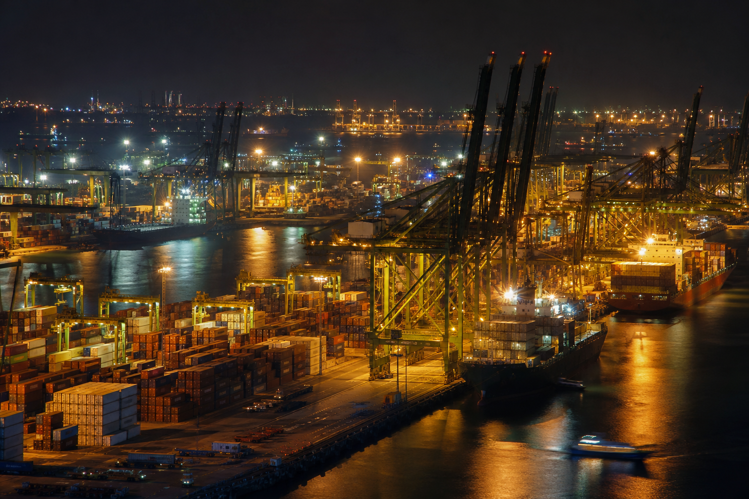 Container port illuminated at night