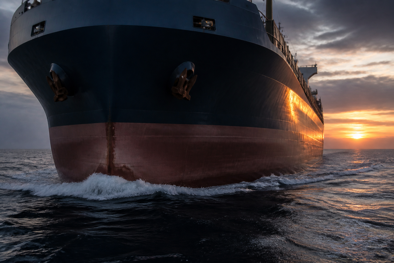 Cargo vessel bow cutting through open water